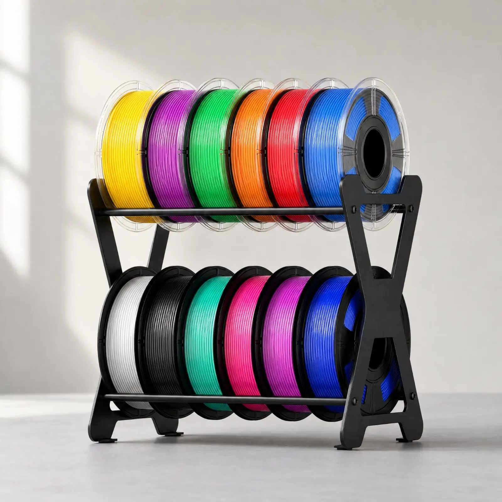 2-Tier Metal Filament Spool Holder Easy Assembly 3D Printer Filament Storage Rack Compact Floor-Standing Spool Storage Stand for
