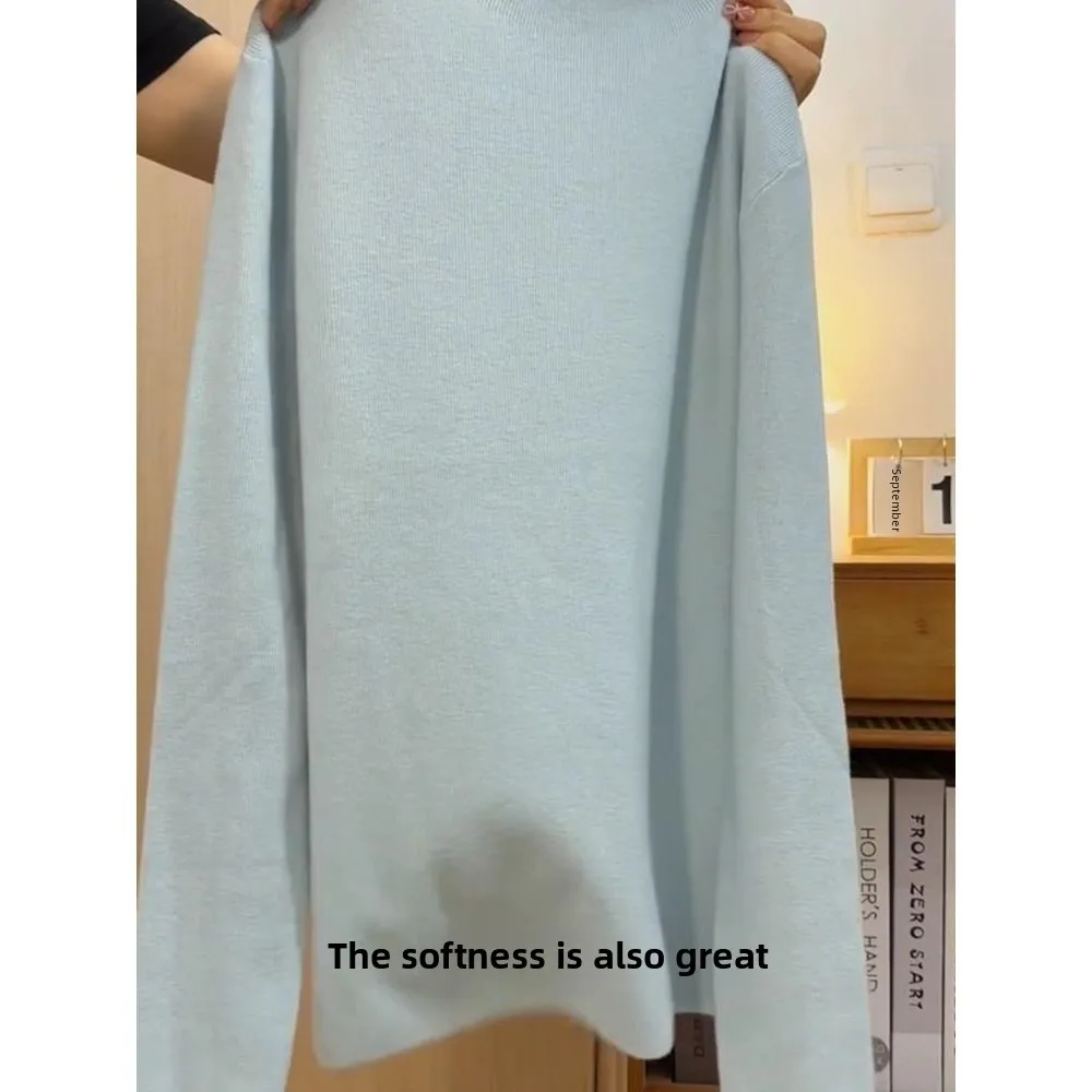 เสื้อสเวตเตอร์ไหมพรมสีฟ้านม ดีไซน์คอสูง สำหรับผู้หญิง ฤดูใบไม้ร่วง ฤดูหนาว 2025 ให้ลุคขาวสะอาดตา