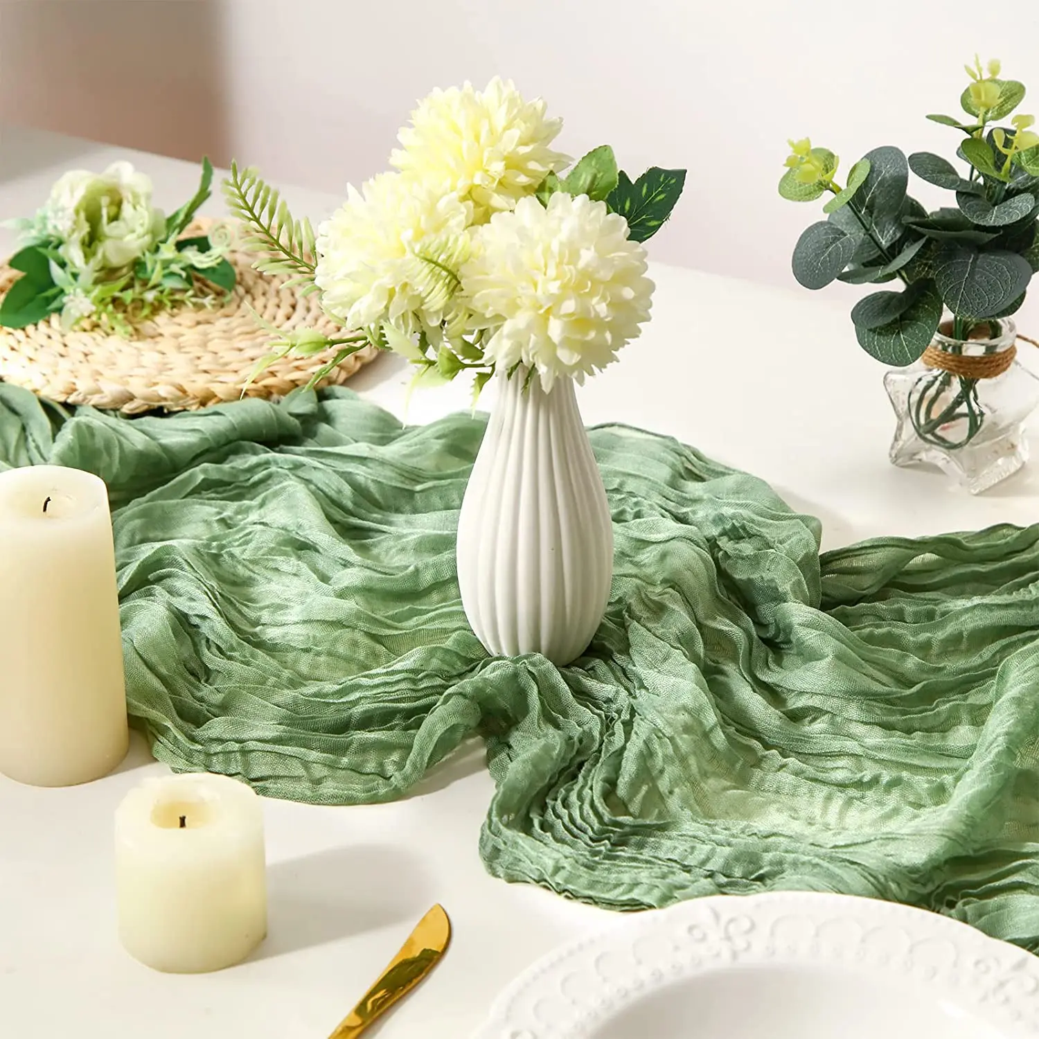 Wholesale soft sage green dining boho table runner wedding gauze cheesecloth table runner