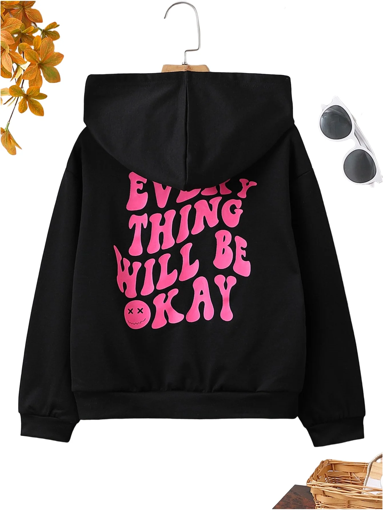 Spring and autumn Children\'s girls Academy style loose black hoodie letter smiley face hot, hooded long sleeve cute sweet top