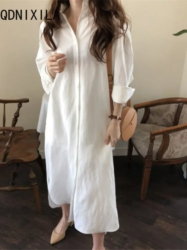 Blouses White Maxi Dress Women New Casual Loose Long Sleeve Top Good Quality Paragraph Oversized Shirt Dresses Women's Clothing