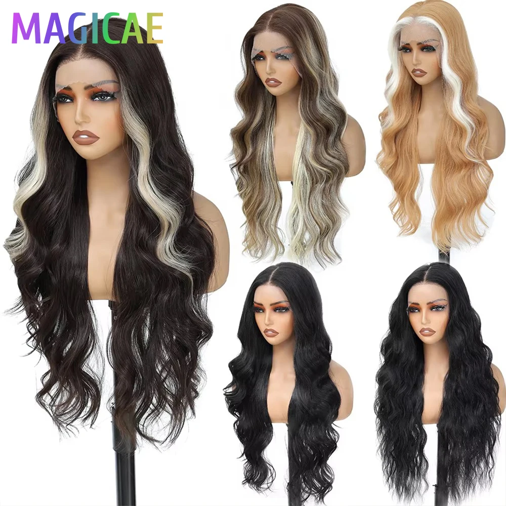 13X4 Lace Frontal Synthetic Body Wave Wigs Ombre Brown Heat Resistant Fiber Blond Swiss Transparent Lace Front Wigs For Women image 3