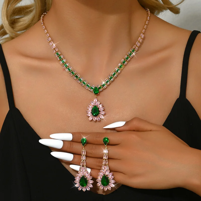 

European and American High-End Luxury Powder+Green Zirconia Chain Set Banquet Dress Accessories Full Inlaid Full Diamond Necklac