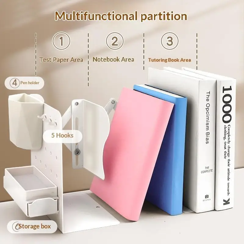 1Pcs Adjustable Expandable Book Organizer with Pen Holder & Hooks Holds 80 Books for Home Office Desktop Organizing