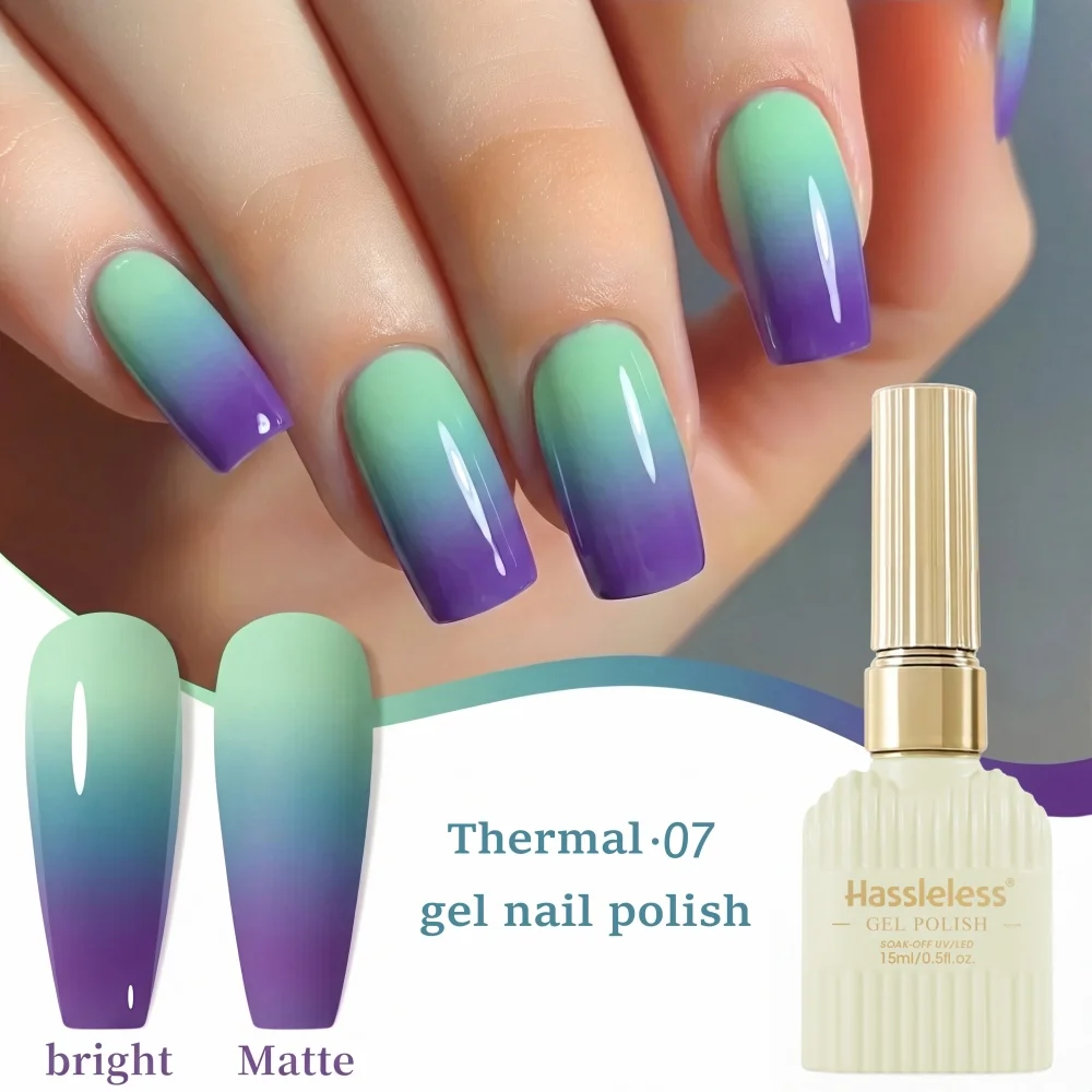 Hassleless Fresh Green Blue Purple Temperature Changing Nail Polish Gel 15ml Natural Transition Gradient Can Be Used as a Glossy and Matte Dual-Effect Nail Gel