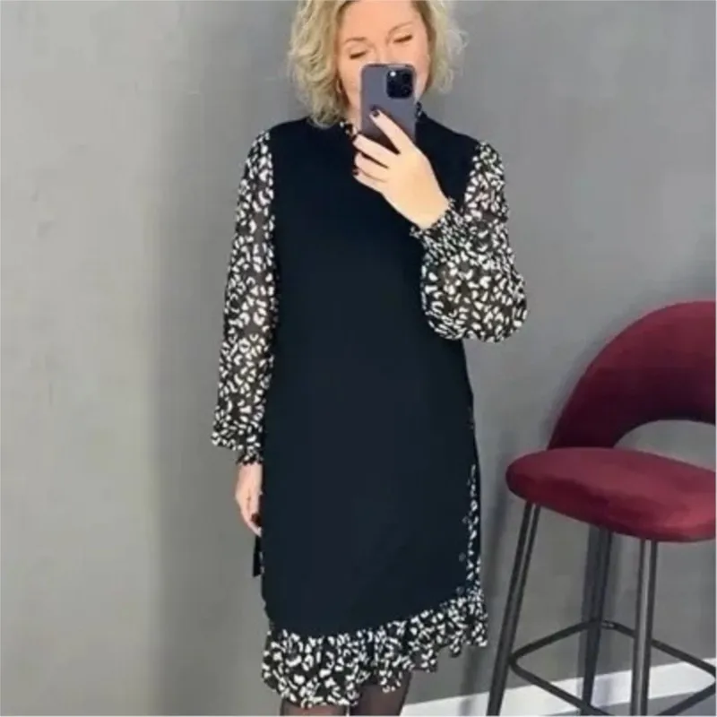 

Casual Fake Two Piece Stitching Women's Dress 2025 Spring New Fashion Floral Print Long Sleeve O-neck Loose Waist Midi Dress