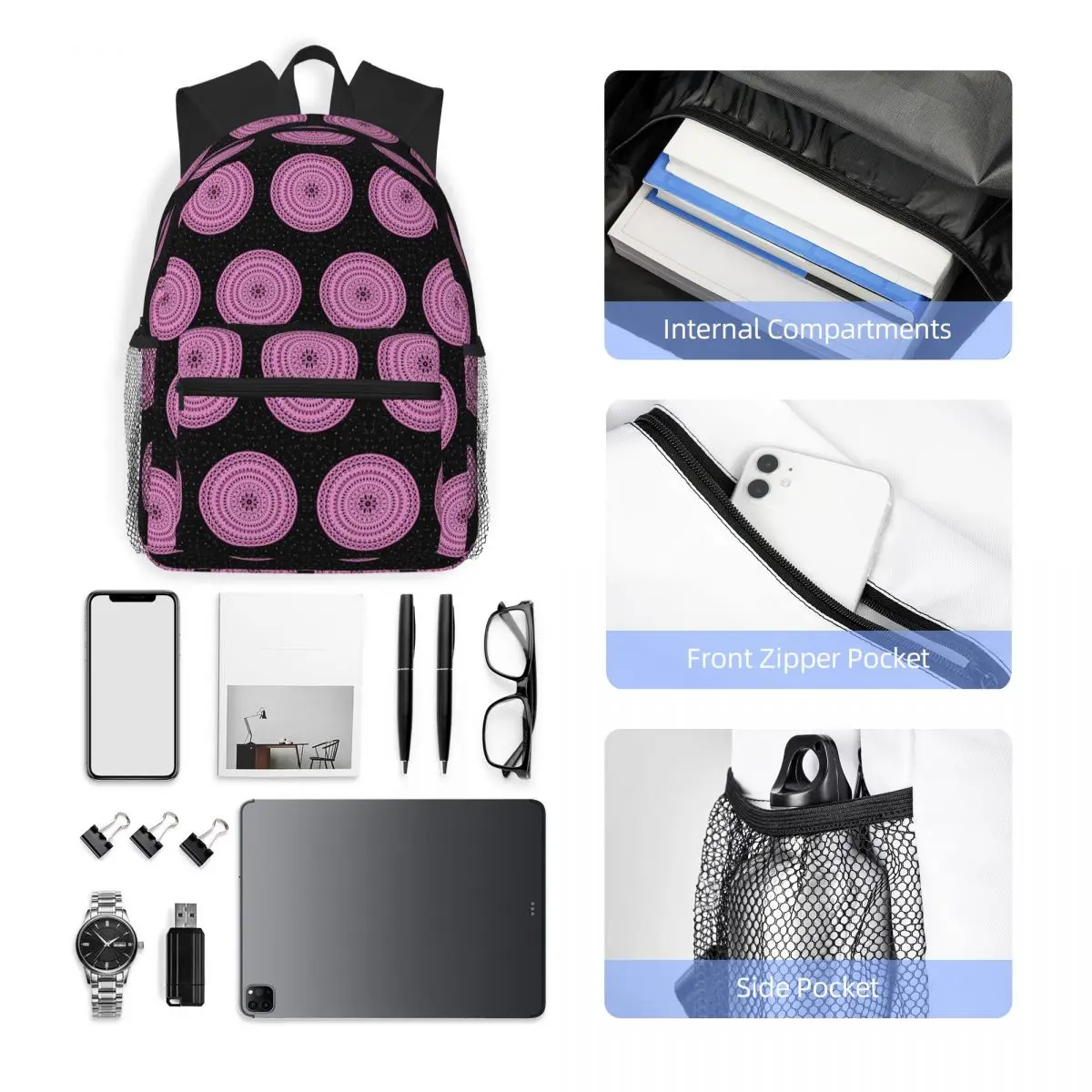 Sakura Dreamscape Mandala Blossoming Tranquility In Cosmic Bloom Zaino Borsa da scuola Escursionismo Viaggio Zaino Bookbag Borse a tracolla
