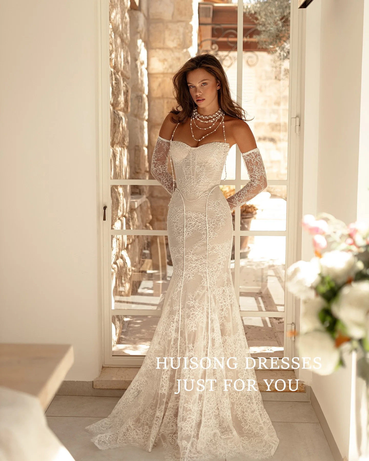 

HUISONG Customized Vestidos De Novia Mermaid Wedding Dresses Lace Appliques Sweetheart Long Sleeves Beach Bridal Gown שמלת