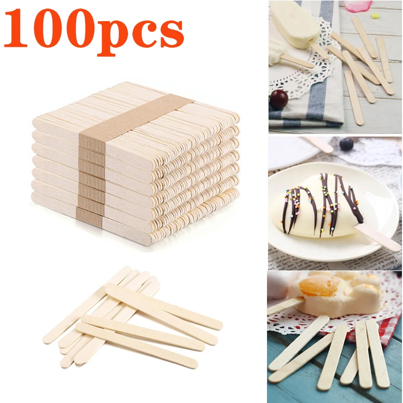 100pcs Natural Wooden Ice Cream Popsicle Sticks Wood Stick Ice Cream Spoon Hand Art Ice Cream Ice Cube Lollipop Cake Tools 93mm