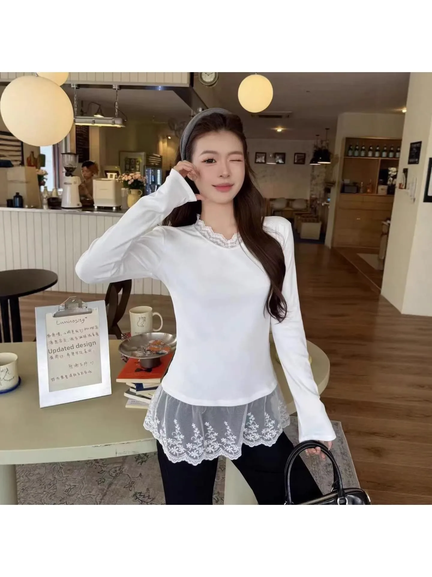 

Spring Autumn 2026 New Style Long Lace Splicing T-Shirt Women's Base Shirt Casual Inner Wear Layering Versatile Cotton Top