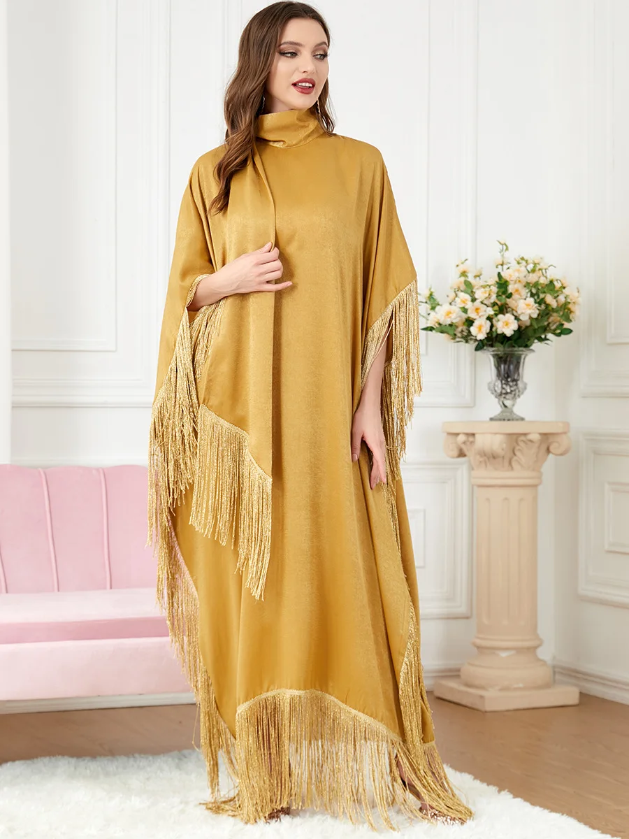 

Fringe Arabic Dress for Women Dubai Saudi Moroccan Party Evening Gown Kaftan Abaya Ramadan Eid Muslim Robe Jelaba Jalabiya