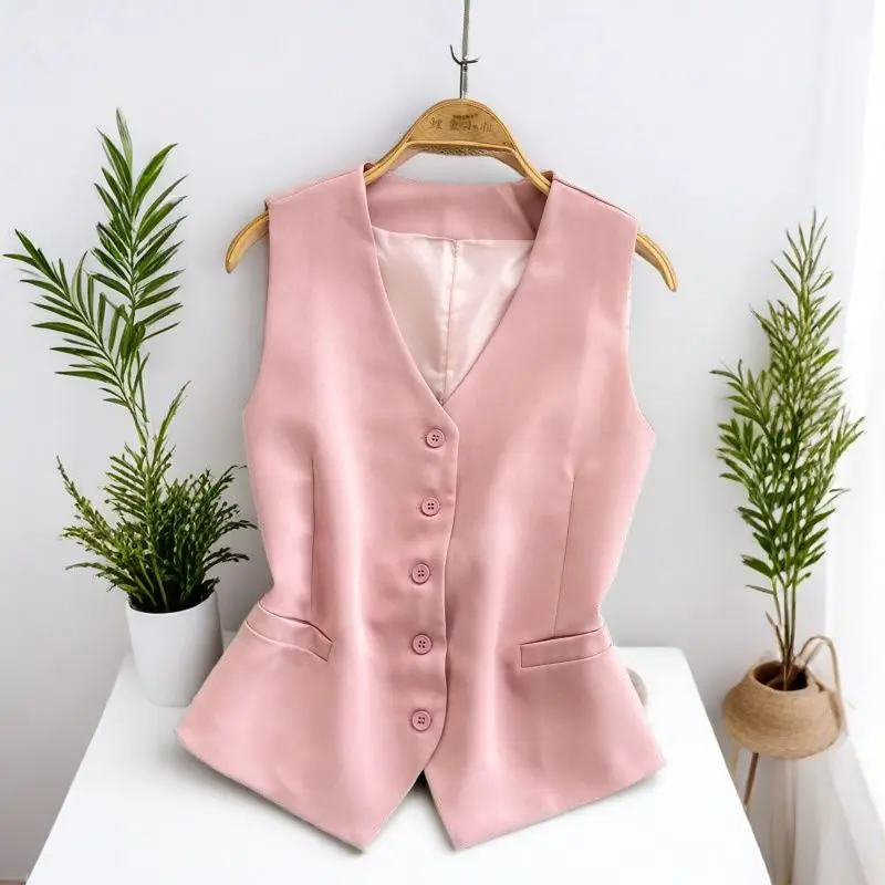 Slim Fit Pink V-Neck  Vest Women's Summer Casual Versatile Sleeveless Top Metal Coated Fiber Ladies' Skirt