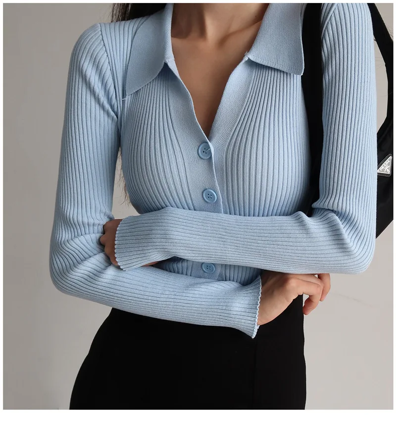 Women Bottoming Women 2022 Lapel Cardigan Long Sleeve POLO V Neck Knit Ladies Sexy Hollow Buttons Sweater Slim Slimming Tops New