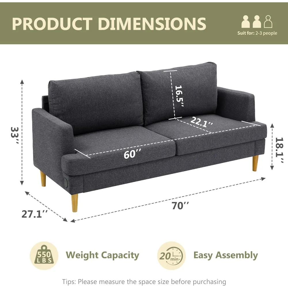 70” Lounge Sofa with Comfy Pillows and USB Cushioned Loveseat, Linen Fabric Loveseat, Dark Grey