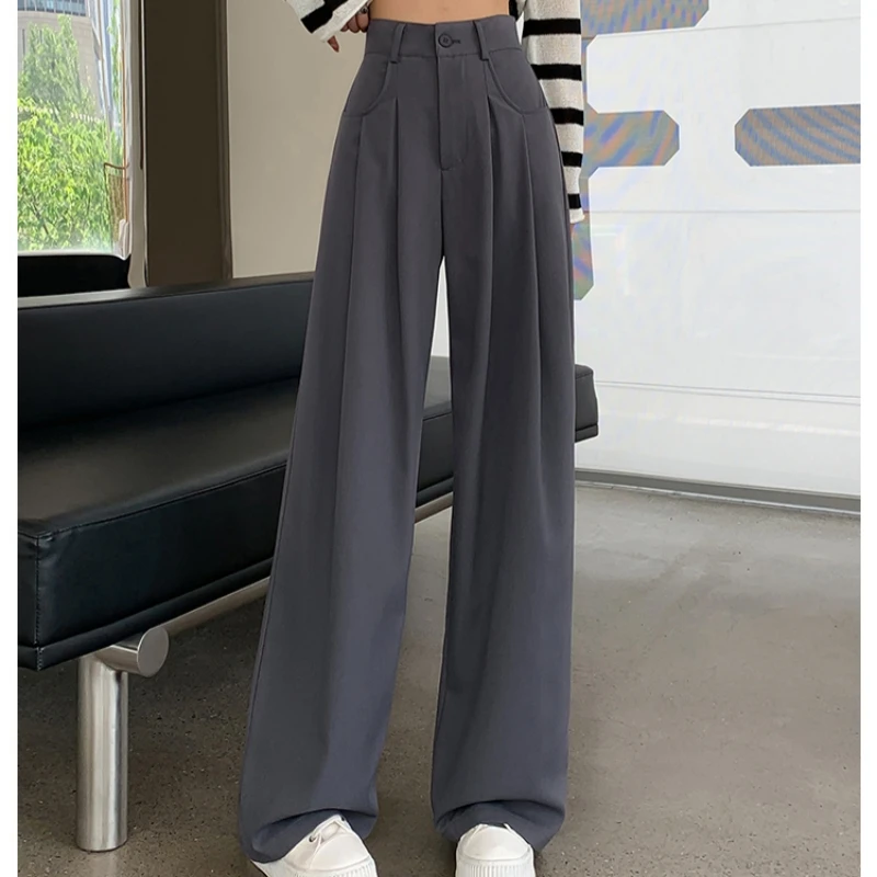 Retro ผู้หญิงสบายๆกางเกง 2025 ฤดูใบไม้ผลิฤดูร้อนใหม่เอวสูงขากว้างกางเกงตรงความยาวเต็ม Draped Office Lady กางเกง