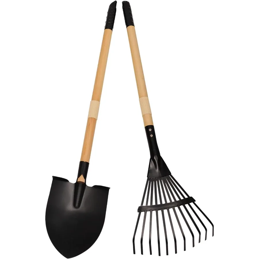 مجموعة أشعل النار والمجرفة مكونة من قطعتين من أدوات الحدائق برأس معدني مع مقبض خشبي مثالي للعب في الهواء الطلق وأنشطة البستنة المثالية