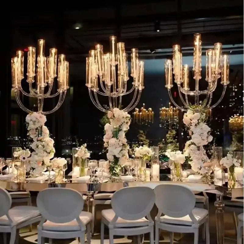 

Luxury Wedding Table Centerpieces Modern Tall Transparent Acrylic Cylinder Candelabra 13 Arms For Event Party Decoration