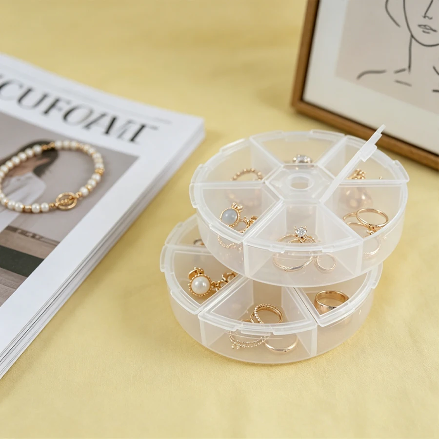 Six compartments circular compartment jewelry storage. Rings, earrings, beaded accessories, fishing gear. Transparent packaging