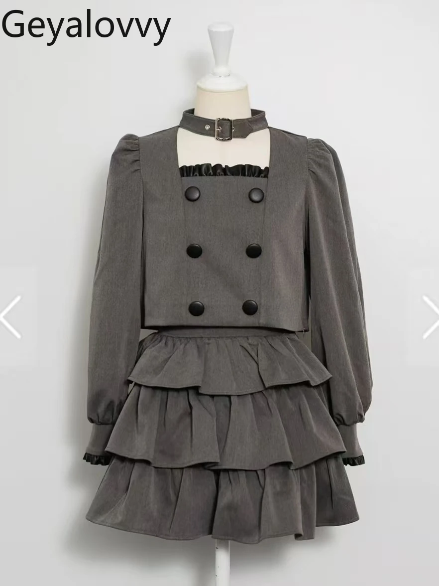 Japanese Sweet Cute Girls Double-Breasted Long-Sleeve Top and High-Waisted Mini Skirts Puffy Cake Short Skirt Two-Piece Set