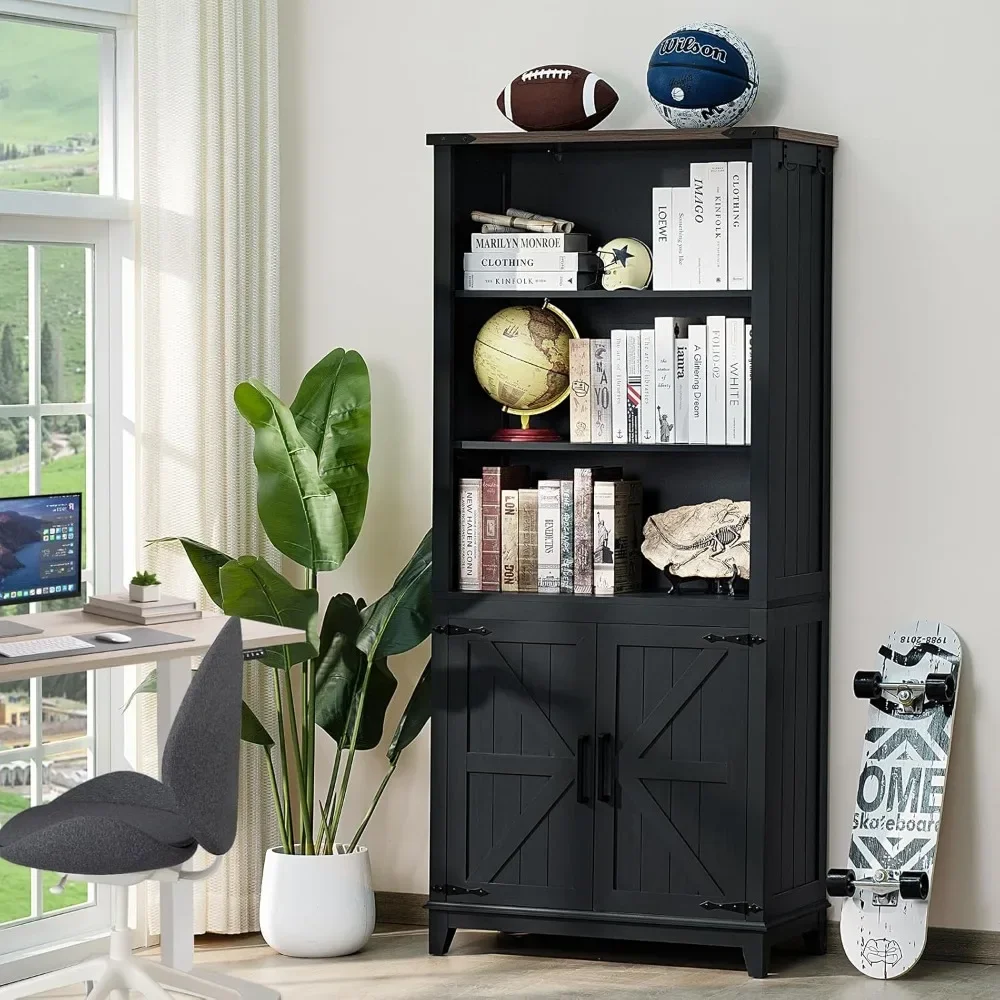 70in Tall Bookshelf 5 Tier Bookcase with Barn Doors and Adjustable Shelves, Farmhouse Book Shelf with Storage Cabinet