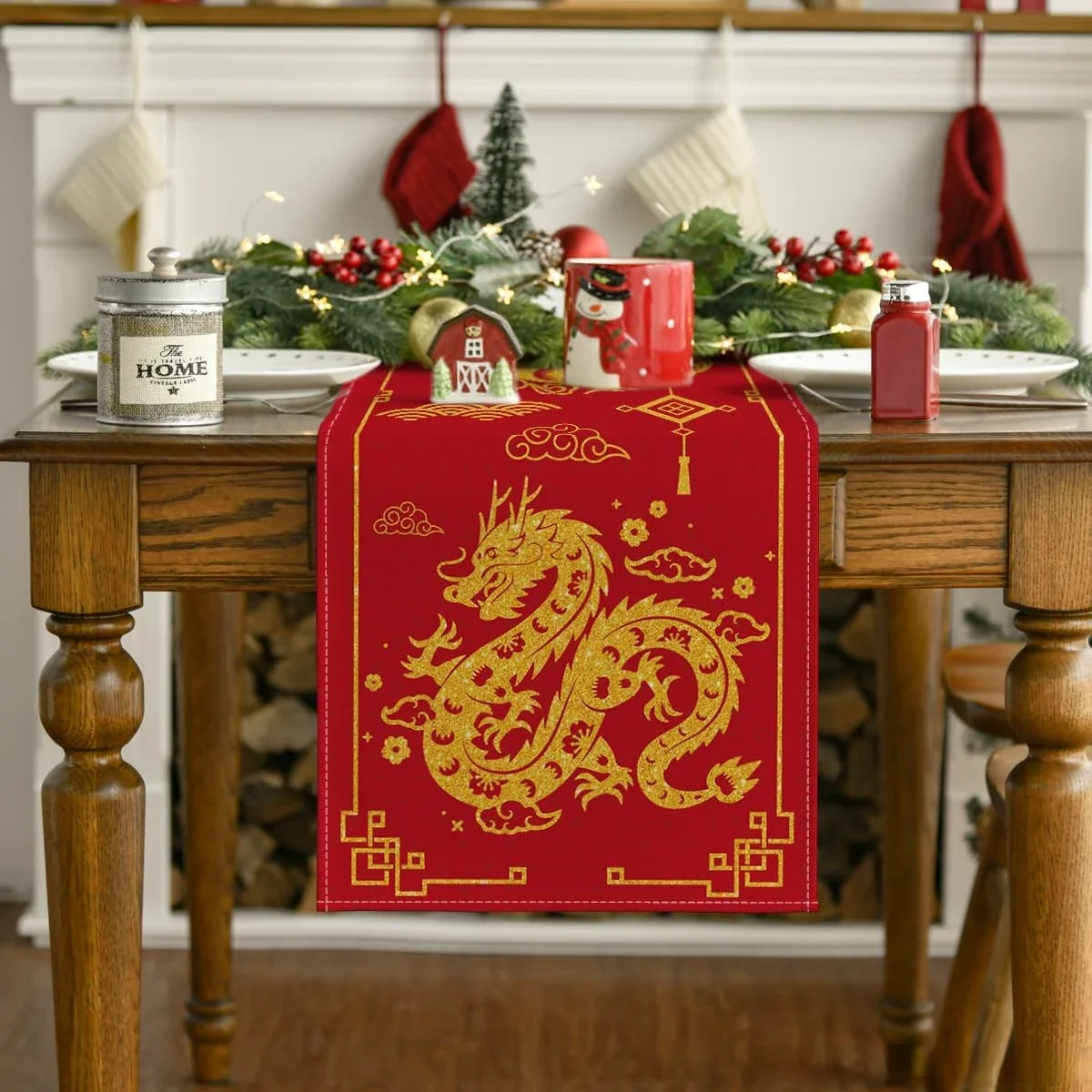 Chinese Zodiac Dragon 2024 Happy New Year Linen Table Runner Winter Festival Kitchen Dining Table Runners Party Decorations