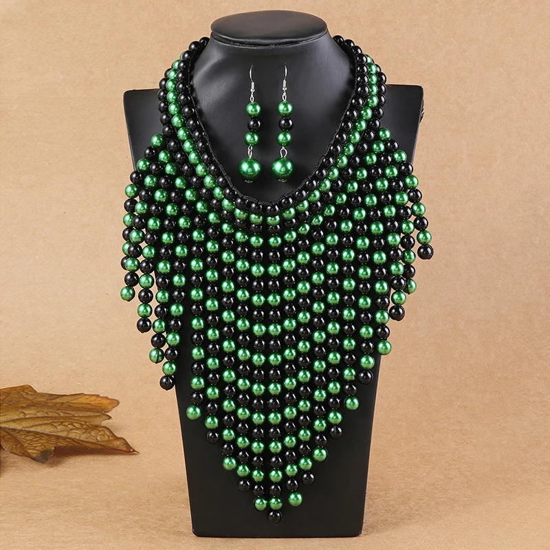 Ręcznie robiony wielowarstwowy frędzel imitacja perły naszyjnik kolczyki zestaw biżuterii afrykański kołnierz ślub nigeryjski indyjska biżuteria na prezenty