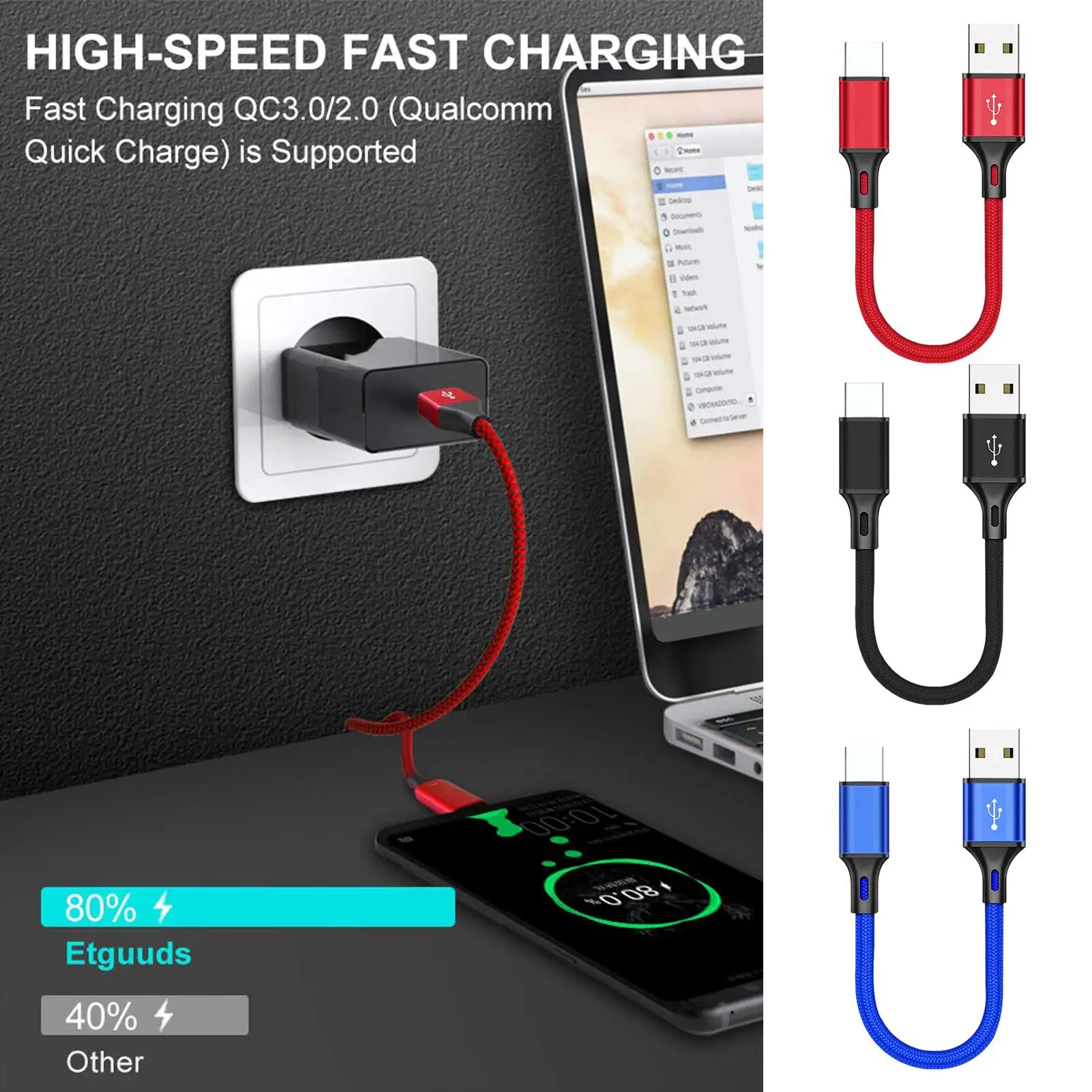 25cm Extra Long Braid Type-C Charging Cord Type C Cable Braid Nylon Charger Cord Long Portable Data Transfer for Home Office