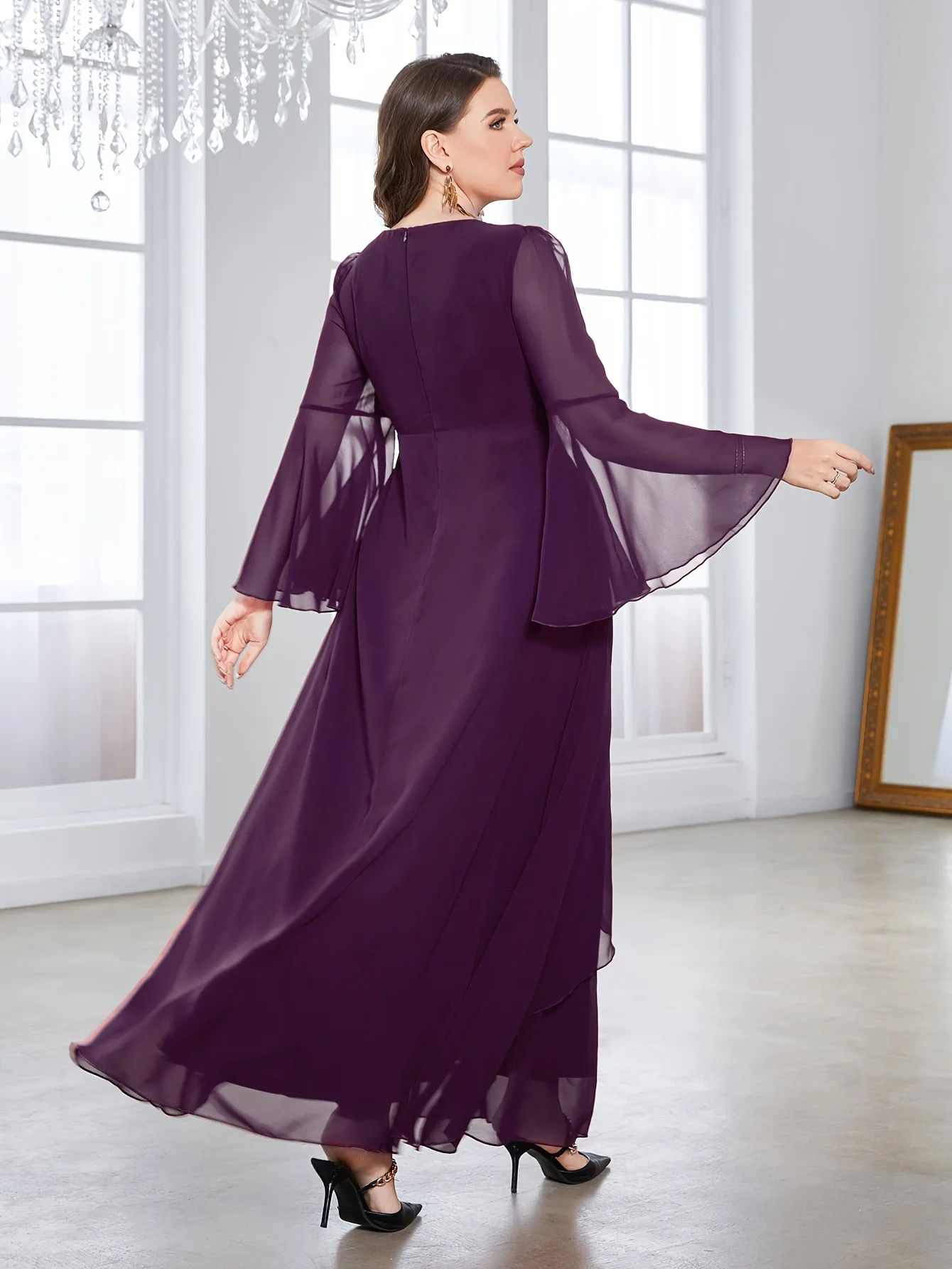 Simple Elegant V-neck Ruched High Low Ruffles Chiffon Long Formal Evening Party Plus Size Dress With Long Sleeves