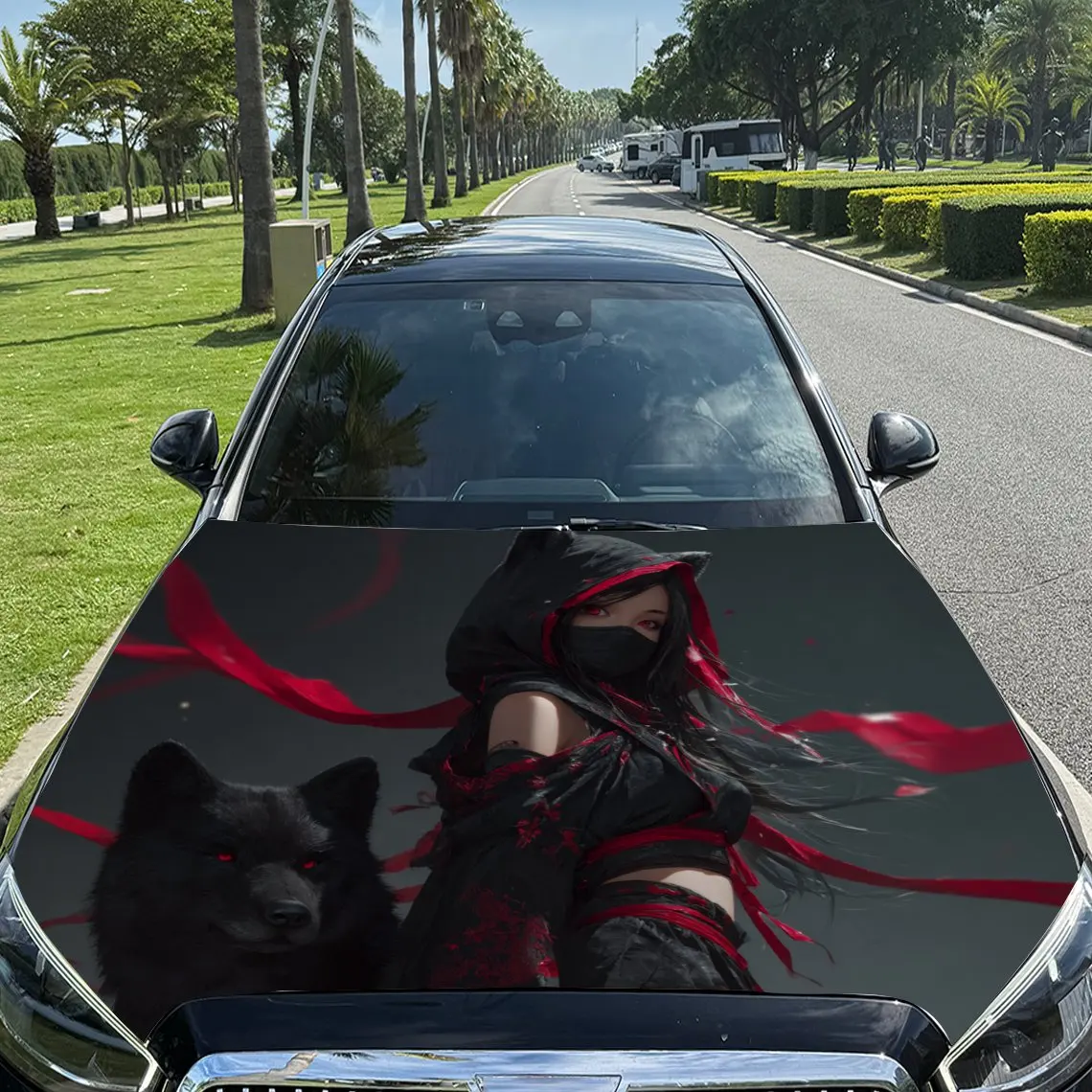 

Red Silk Masked Heroine Pattern car hood stickers, waterproof self-adhesive, scratch resistant, easy to stick, durable car PVC s