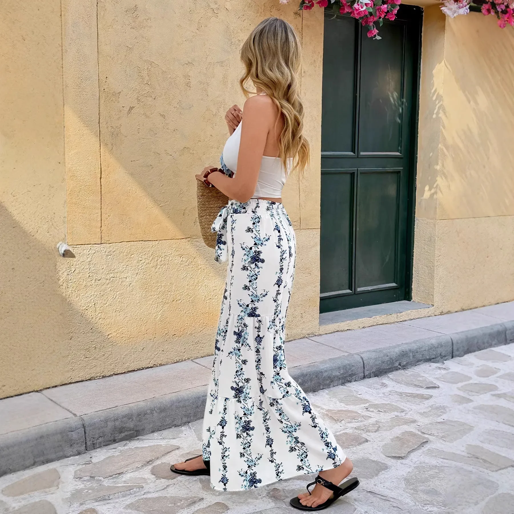 Women's Floral Print High Waist Tie Belt Wide Leg Comfortable Casual Versatile Trendy Commuter Elegant Daily Fashion Long Pants