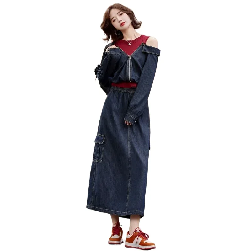 Women's Spring and Autumn Fashion Denim Suit New Design Sense Shoulder-spilled Knitted Splicing Denim Shirt Skirt Two-piece Set