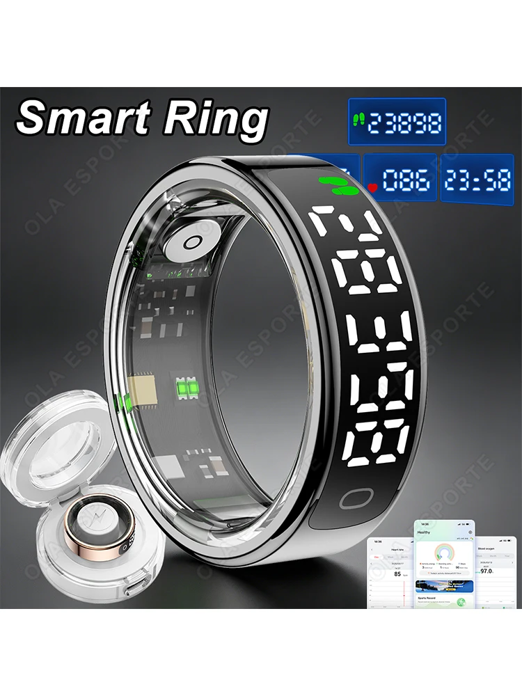 2026 Neuer Smart-Ring mit Touch-Display und Ladebox, Schlaf- und Gesundheitsmanager, Schrittzähler, wasserdicht, für Android und iOS, R12