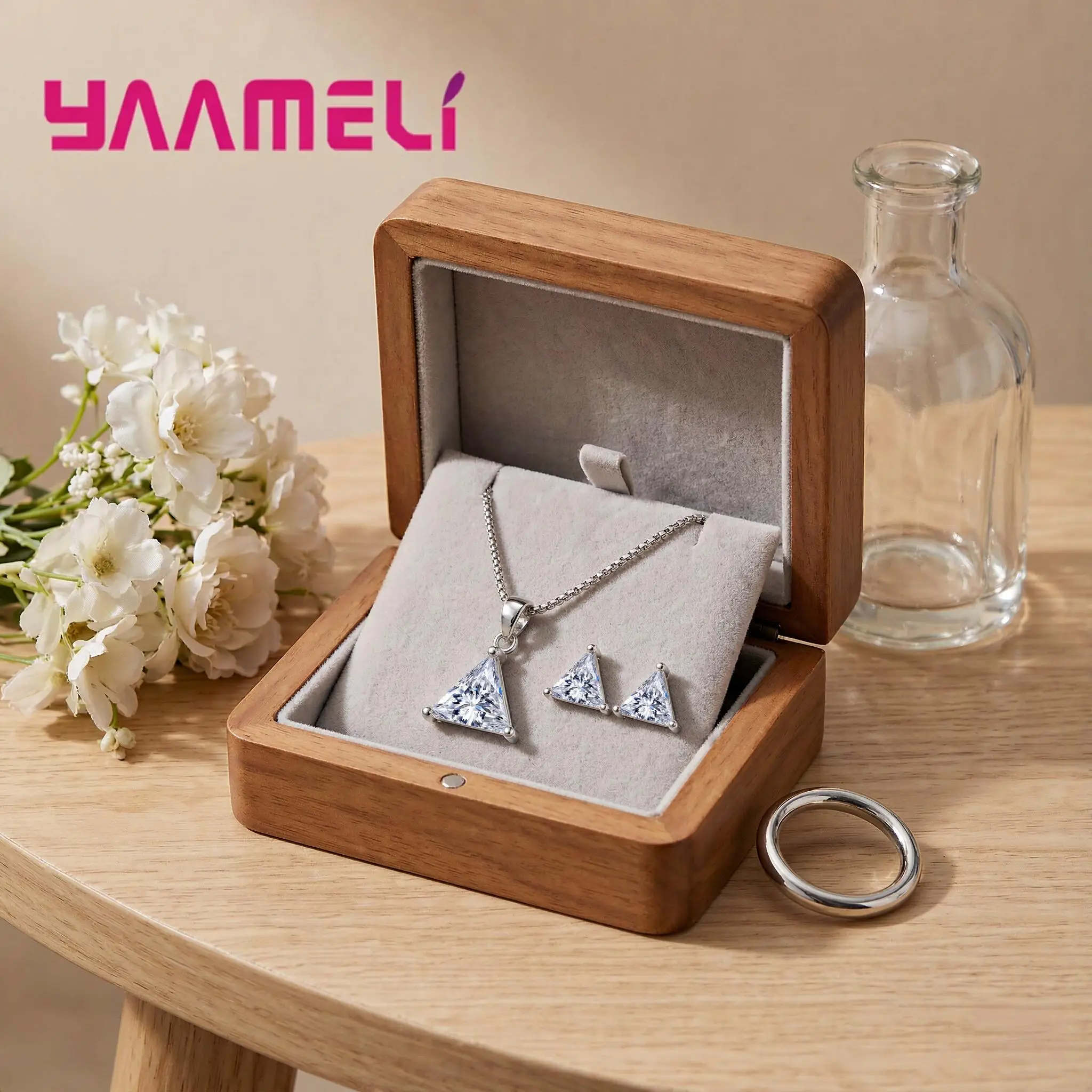 Classic 925 Sterling Silver Triangle Crystal Zircon Necklace Earrings Set for Women Girls Anniversary Party Fashion Jewelry Gift
