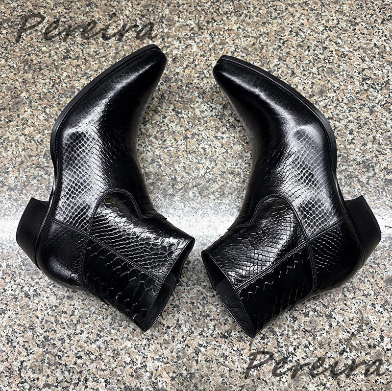 British Style Snake Patterned Patent Leather Short Boots Fashion Pointed Toe 6CM High Heel Chelsea Boots Party Wedding Shoes