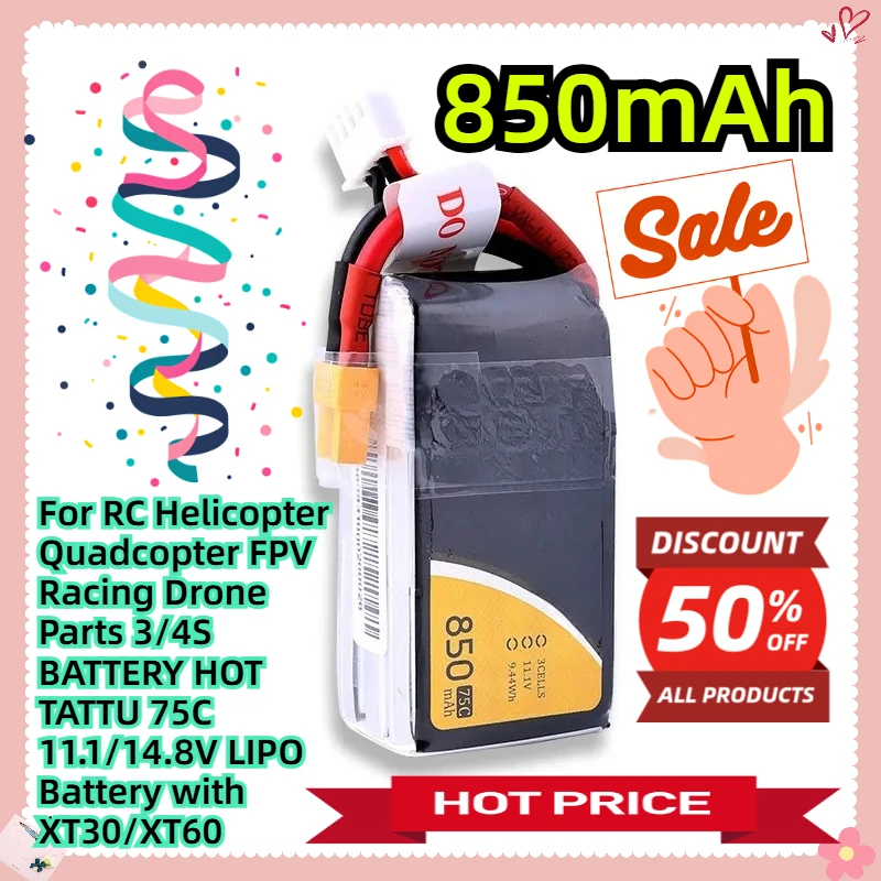 

For RC Helicopter Quadcopter FPV Racing Drone Parts 3/4S BATTERY HOT TATTU 75C 850mAh 11.1/14.8V LIPO Battery with XT30/XT60