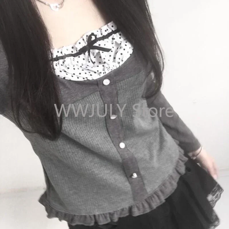 Aesthetic Gyaru Y2K Polka Dot Print Contrast Patchwork Knitted Tops Grey Autumn Cute Bow T-shirts Slim-fit Long Sleeve Knitwear