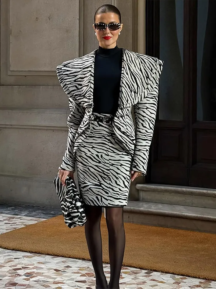 Fashion Zebra Printing Women's Jacket Skirts Suit V-Neck Waist-Closed Lady Sets 2026 Autumn Elegant 2 Pieces Set Women Outfits