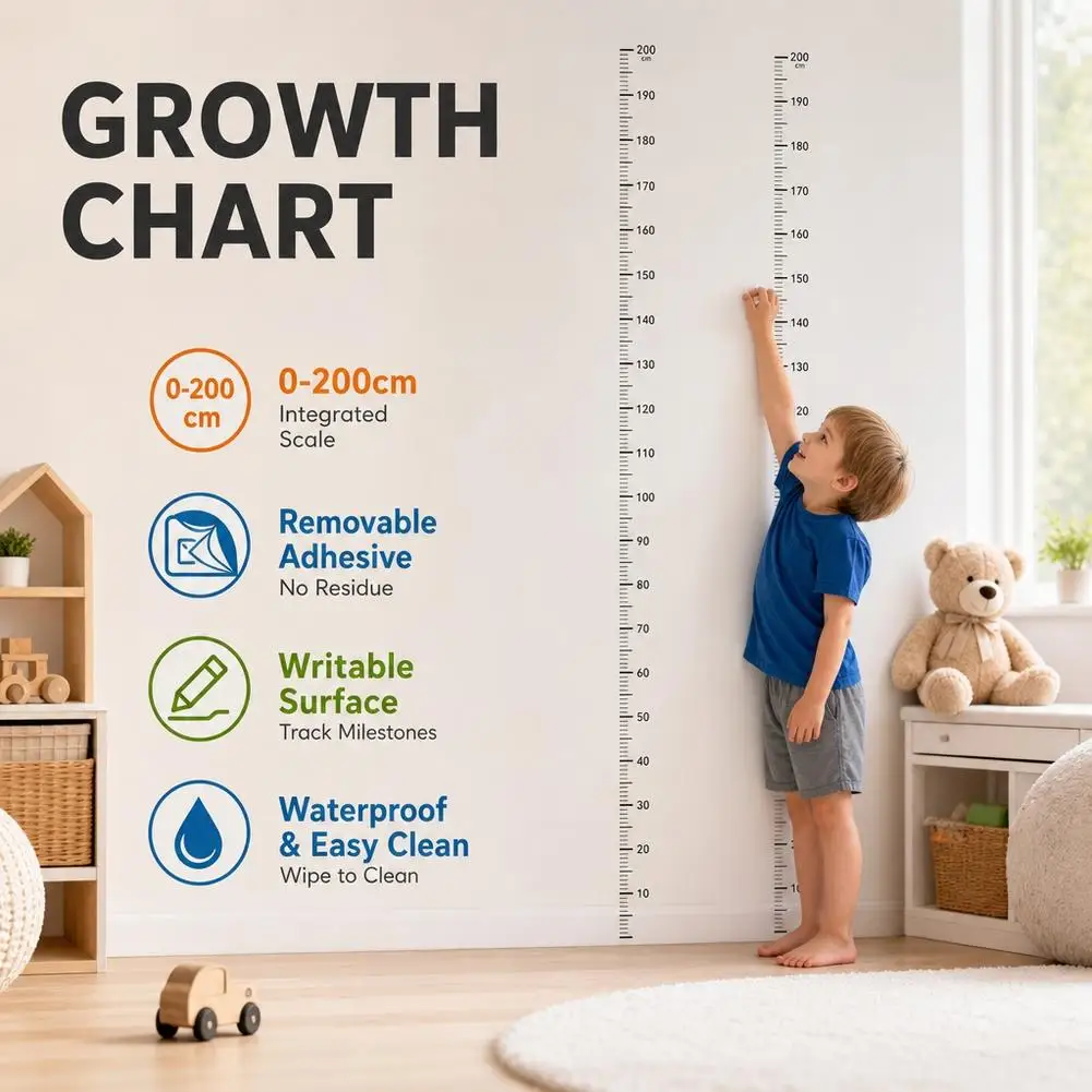 2M Adhesive Wall Growth Chart Removable Children's Growth Height Chart Wall Height Measurement Card for Home Nursery & Office