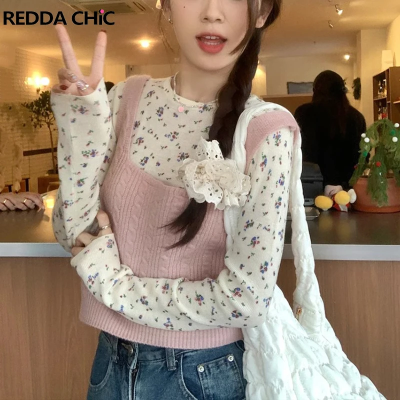 ReddaChic Women 2-piece Top Set Casual Long Sleeves T-shirt Layered Knitted Jumper Sleeveless Vest Cute Teen Girl Korean Clothes