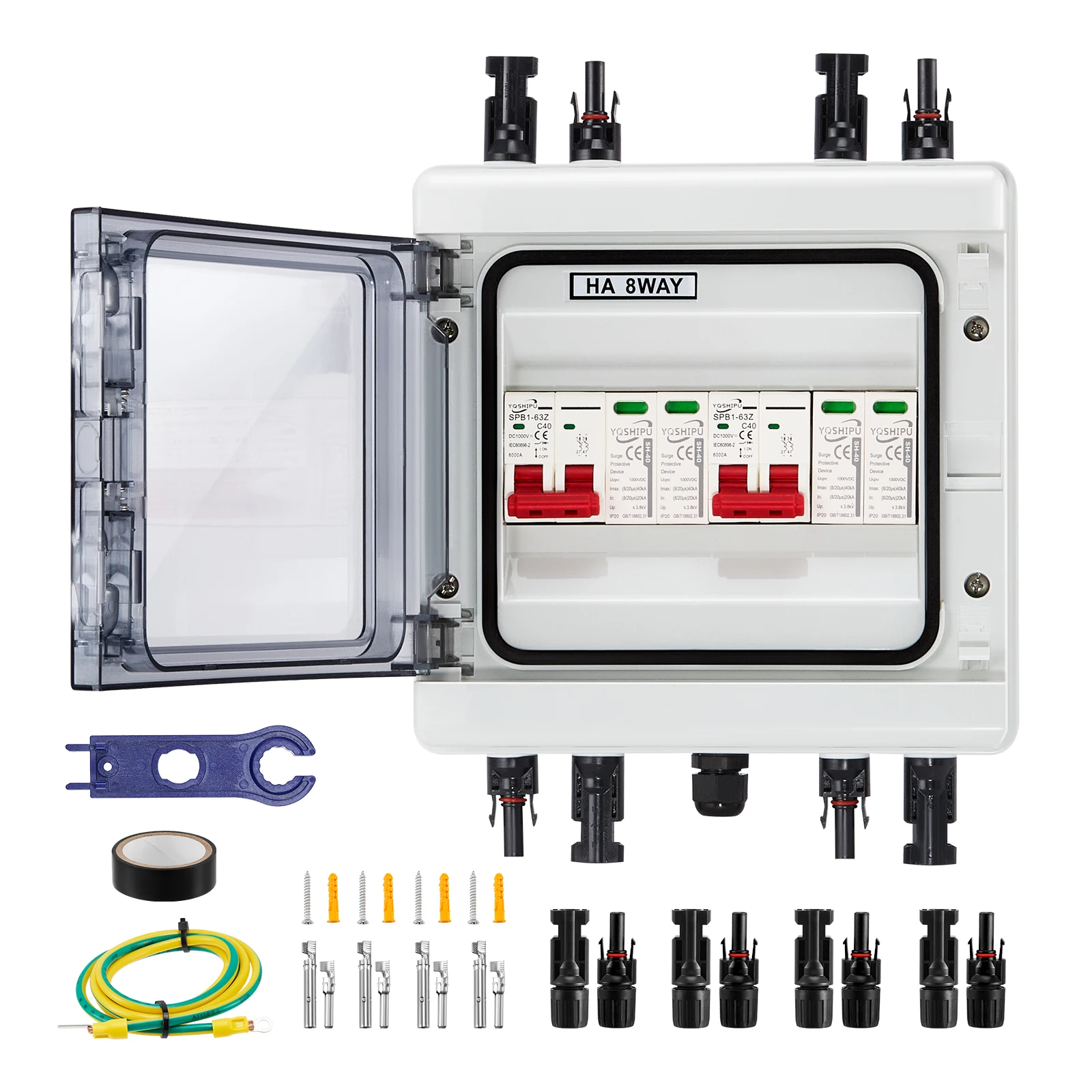 

Solar Combiner Box with Multi-layer Protection, Surge Protection PV 2 input 2 out DC 40A 1000V Isolator Switch, IP65 Waterproof