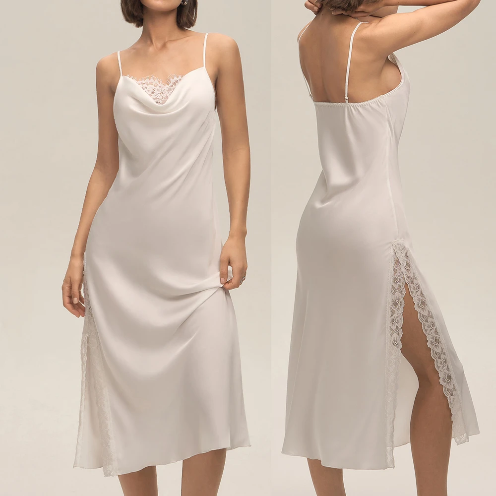 

Plus Size 5XL Elegant Long Nightgown Chemise Sleepwear Silky Satin Nightwear Nightdress Sexy Lace Lingerie Homewear Loungewear