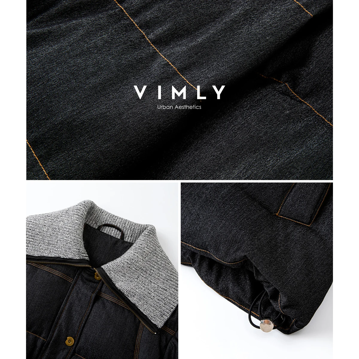 VIMLY Schwarze übergroße Daunenmäntel für Damen, 2025, Winter, Kontrastfarbe, Umlegekragen, Pufferjacken, Reißverschlussmantel für Damen 50863