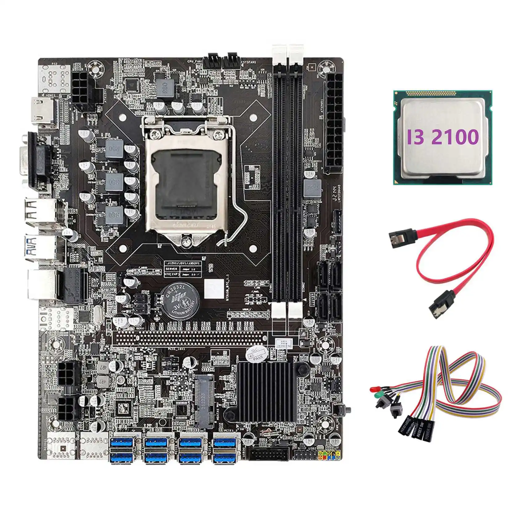 

B75 ETH Mining Motherboard 8XPCIE to USB+I3 2100 CPU+Dual Switch Cable with Light+SATA Cable LGA1155 Miner