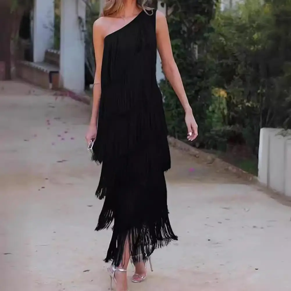 

Women Evening Dress Layered Fringed Tassel One Shoulder Sleeveless Solid Color Asymmetric Cocktail Party Prom Dance Maxi Dress