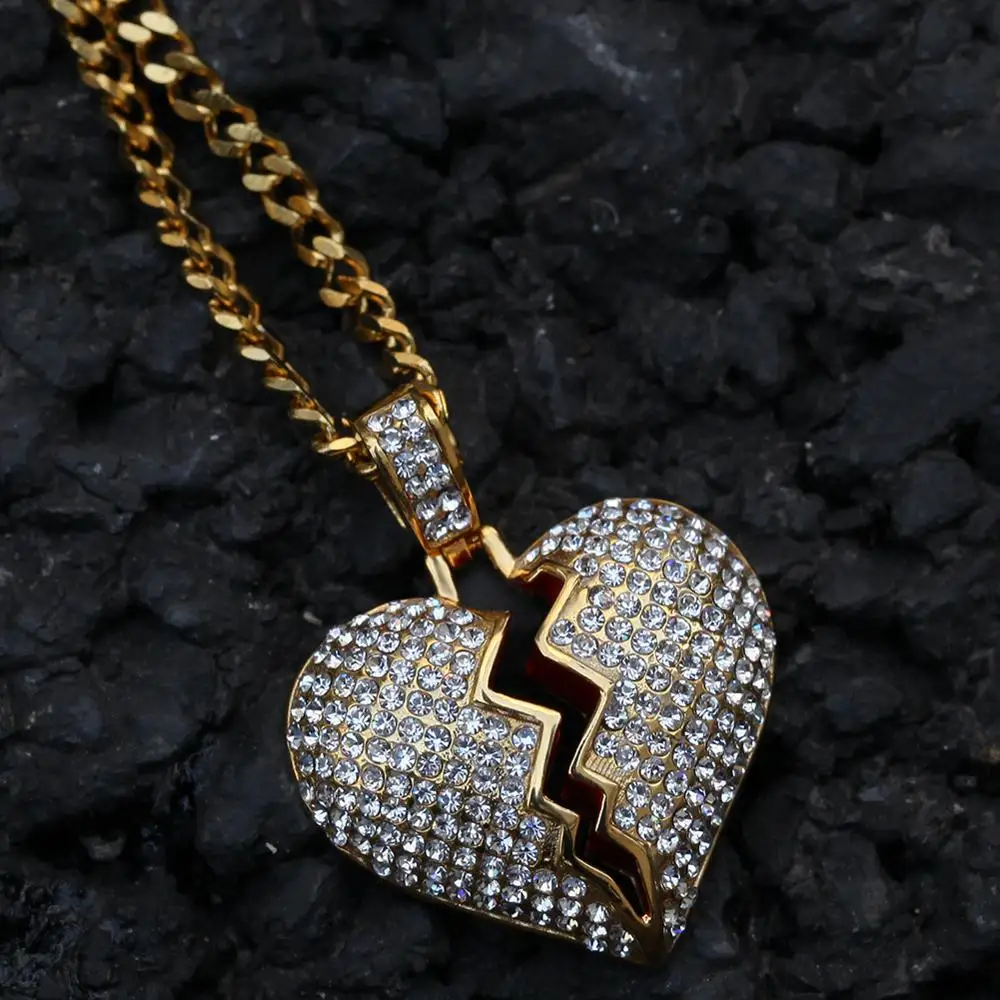 

Hip Hop Rock Full Rhinestones Paved Stainless Steel Broken Heart Pendants Necklace for Men Rapper Jewelry