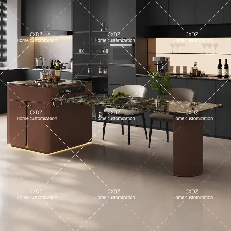 Italian Minimalist Natural Stone Dining Table with Retractable Extension High End Saddle Leather Furniture Center Guide Table