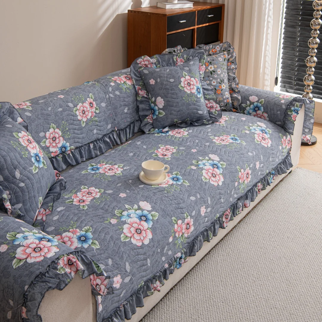 Floral Printed Quilting Sofa Cover, for Living Room 1/2/3/4 Seater Couch Seat Cover Slipcover Sofa Towel with Ruffles Sofa Towel