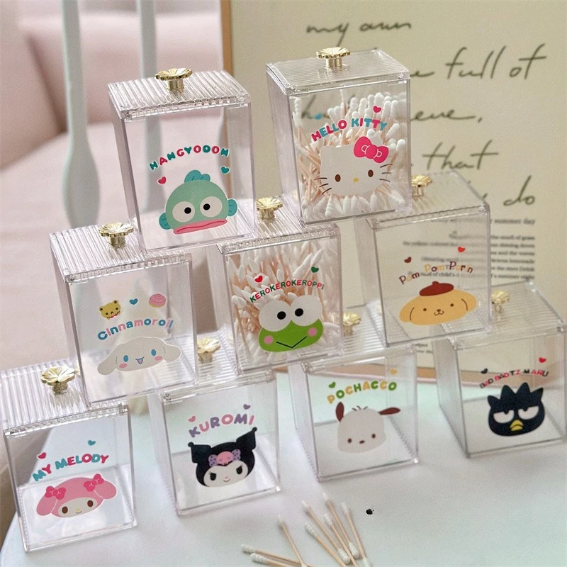 Caixa transparente de cotonete sanrio, fofa, feminina, kuromi, melodia cinnamoroll, caixa de cotonete de mesa, acrílico, caixa de armazenamento, organizador de joias