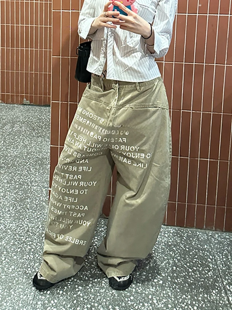 

Ретро-брюки в американском стиле с высокой талией и широкими штанинами, женские, свободного кроя, с принтом букв, в стиле выцветших тканей