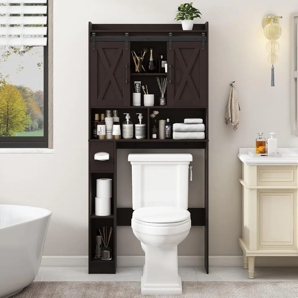 

Farmhouse Over The Toilet Storage Cabinet with Sliding Doors & Toilet Paper Holder - Space-Saving Toilet Rack for Bathroom, Laun